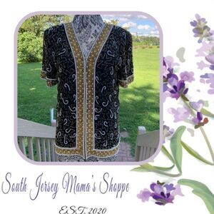 Vintage 1980s Size PM Laurence Kazar Black & Gold Hand Beaded Tunic Top (C190)